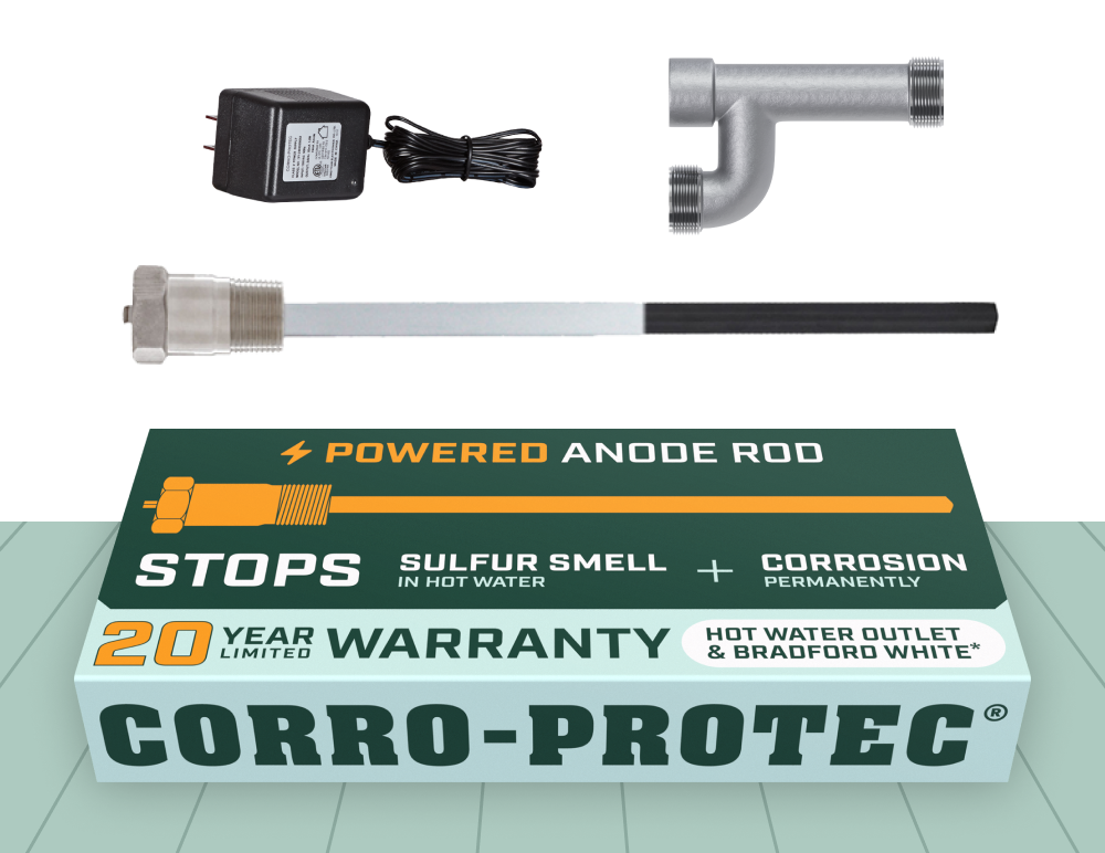 Water Heater Anode Rod for Bradford White Residential Tank between 10 and 120 gallon capacity. Powered anode rod type from Corro-Protec.