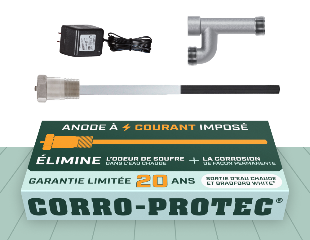 Anode à courant imposé pour chauffe-eau résidentiel de marque Bradford White 10 à 12 gallons par Corro-Protec.